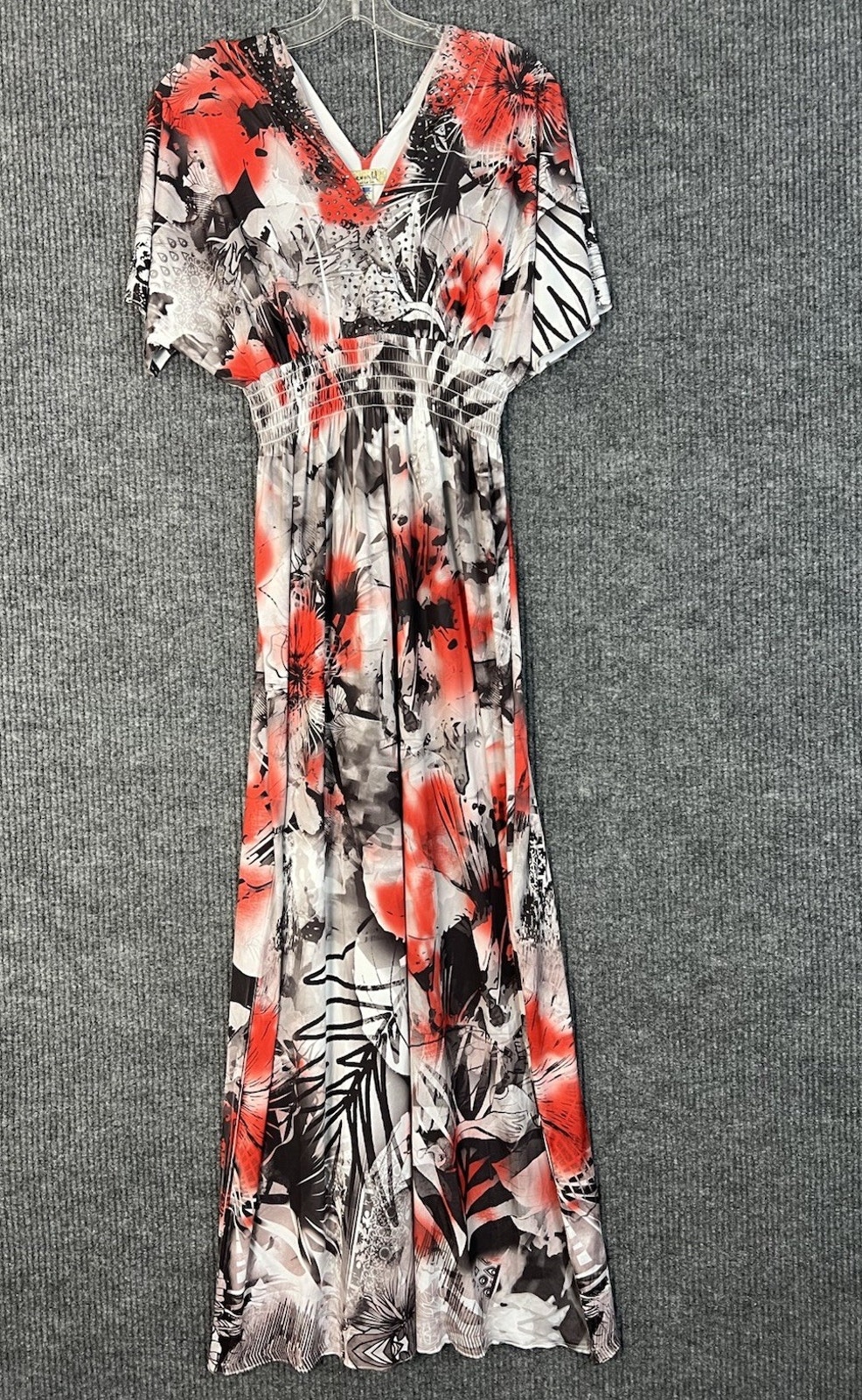 One World Maxi Dress Small Red White Floral Artsy Sequin Boho Hippie Fairy